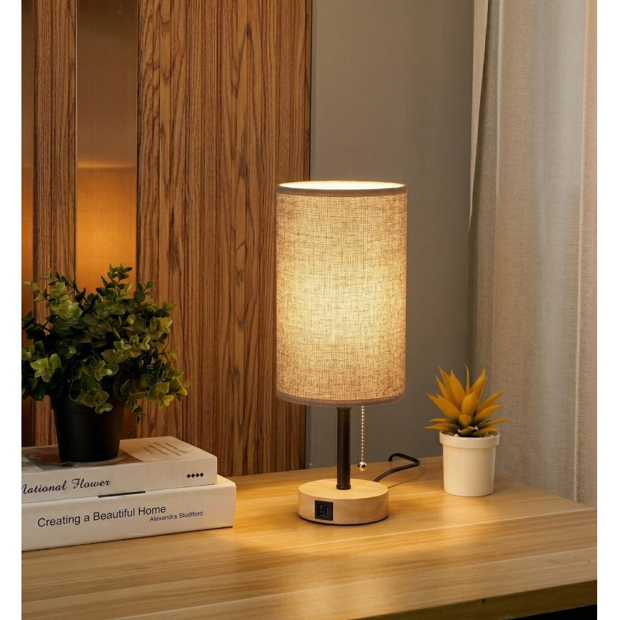 Brilagi - TABLON asztali lámpa USB-porttal 1xE27/25W/230V tölgy/fekete/szürke