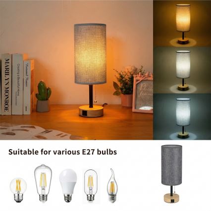 Brilagi - TABLON asztali lámpa USB-porttal 1xE27/25W/230V tölgy/fekete/szürke