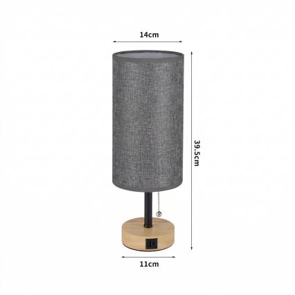 Brilagi - TABLON asztali lámpa USB-porttal 1xE27/25W/230V tölgy/fekete/szürke