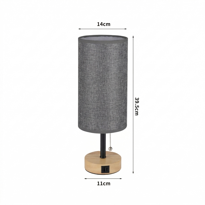 Brilagi - TABLON asztali lámpa USB-porttal 1xE27/25W/230V tölgy/fekete/szürke
