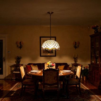 Brilagi - Tiffany vitrázs csillár láncon, elefántcsont színű, 1xE27/60W/230V Ø 40 cm