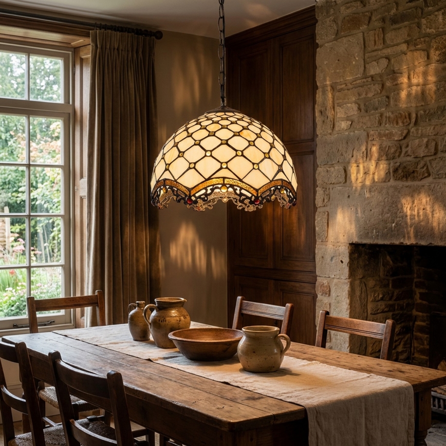 Brilagi - Tiffany vitrázs csillár láncon, elefántcsont színű, 1xE27/60W/230V Ø 40 cm