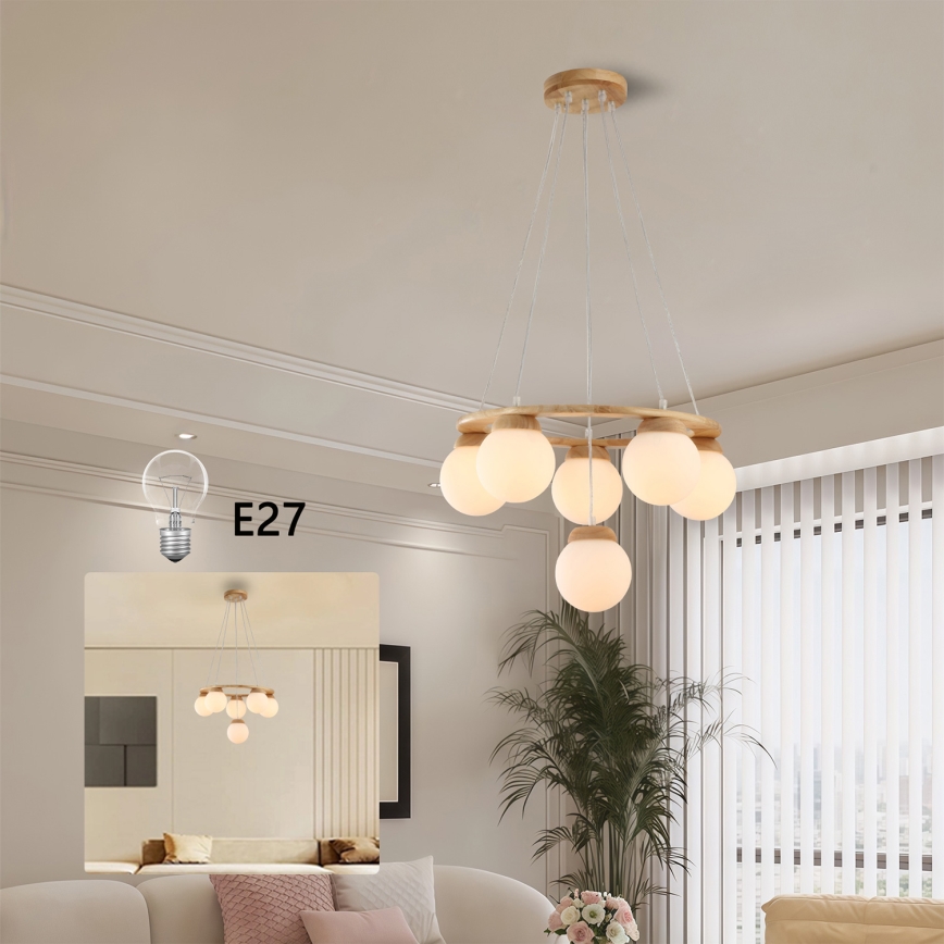 Brilagi - VISBY WOOD kábellel függesztett csillár, 6xE27/60W/230V, Ø 58 cm, fa