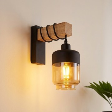 Brilagi - WOOD GLASS fali lámpa 1xE27/60W/230V fenyő/fekete/füstbarna