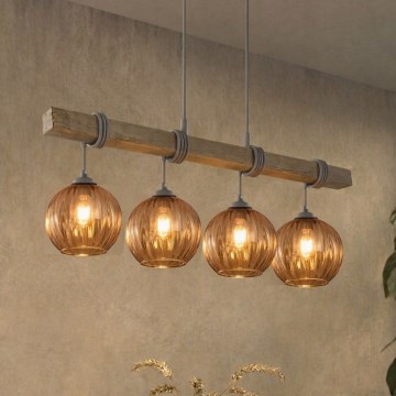 Brilagi - WOOD GLASS kábeles csillár 4xE27/60W/230V fenyő/szürke/füstös barna