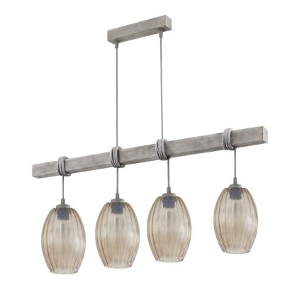 Brilagi - Zsinóros csillár WOOD GLASS 4xE27/60W/230V fenyő/szürke/füstös barna