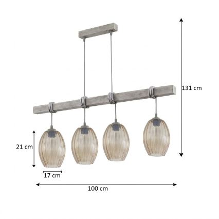Brilagi - Zsinóros csillár WOOD GLASS 4xE27/60W/230V fenyő/szürke/füstös barna