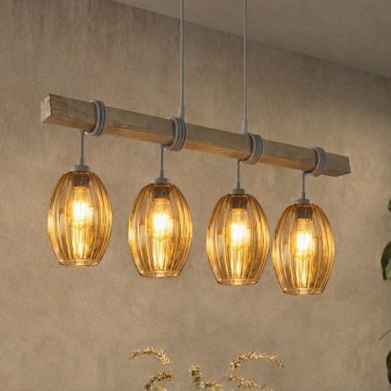 Brilagi - Zsinóros csillár WOOD GLASS 4xE27/60W/230V fenyő/szürke/füstös barna