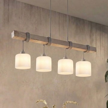 Brilagi - Zsinórral függesztett csillár WOOD GLASS 4xE27/60W/230V fenyő/szürke/fehér