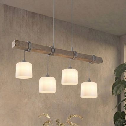 Brilagi - Zsinórral függesztett csillár WOOD GLASS 4xE27/60W/230V fenyő/szürke/fehér