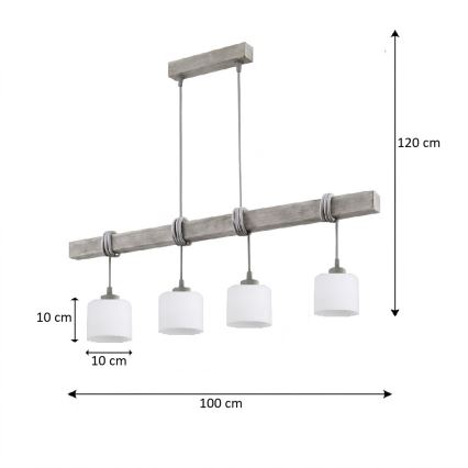 Brilagi - Zsinórral függesztett csillár WOOD GLASS 4xE27/60W/230V fenyő/szürke/fehér