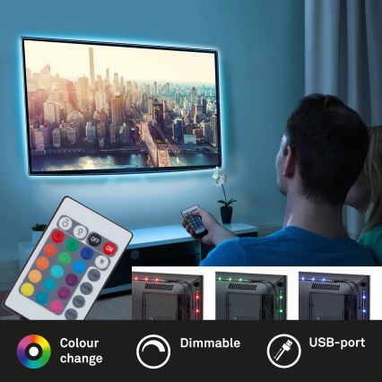 Brilo - LED RGBW állítható fényerejű szalag TV-hez 3m LED/2,5W/USB + távirányító