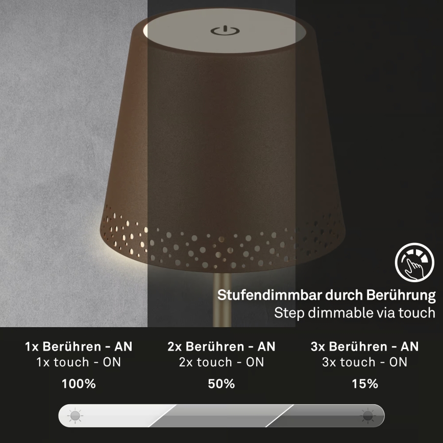 Brilo - LED dimmelhető, újratölthető érintésvezérelt kültéri asztali lámpa KIKI LED/2,6W/5V IP44 2600 mAh barna