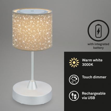 Brilo - LED állítható fényerejű, tölthető kültéri asztali lámpa LOLE LED/3W/5V 2000mAh IP44 ezüst/beige
