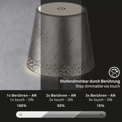 Brilo - LED dimmelhető, újratölthető, érintésvezérlésű kültéri asztali lámpa KIKI LED/2,6W/5V IP44 2600 mAh ezüstszínű