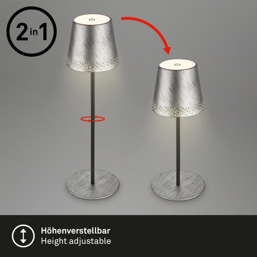 Brilo - LED dimmelhető, újratölthető, érintésvezérlésű kültéri asztali lámpa KIKI LED/2,6W/5V IP44 2600 mAh ezüstszínű