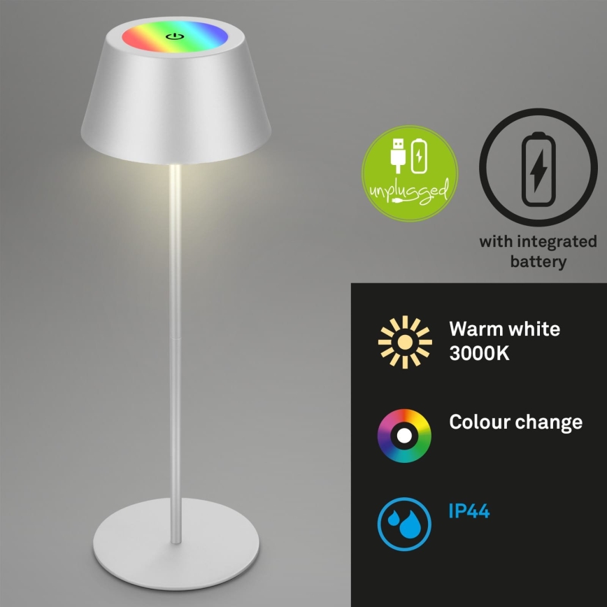Brilo - RGB LED, fényerőszabályozható, újratölthető, érintésvezérelt kültéri asztali lámpa KIKI LED/2,6W/5V IP44 2600 mAh ezüst