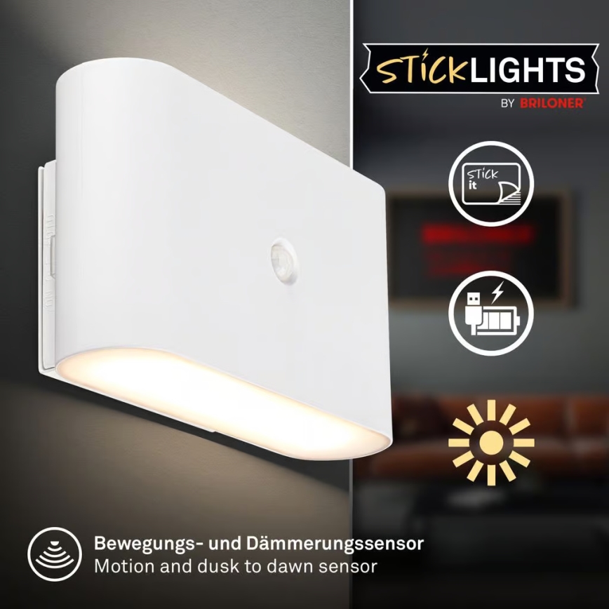 Briloner 3878016 - LED újratölthető fali lámpa mozgás- és alkonyatérzékelővel CHAT LED/3W/5V 2000 mAh fehér