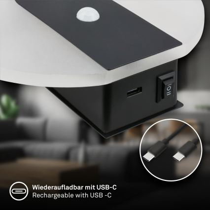 Briloner 3889015 - Tölthető LED fali lámpa mozgás- és alkonyérzékelővel TARO LED / 2,5 W / 5 V, 1800 mAh fekete