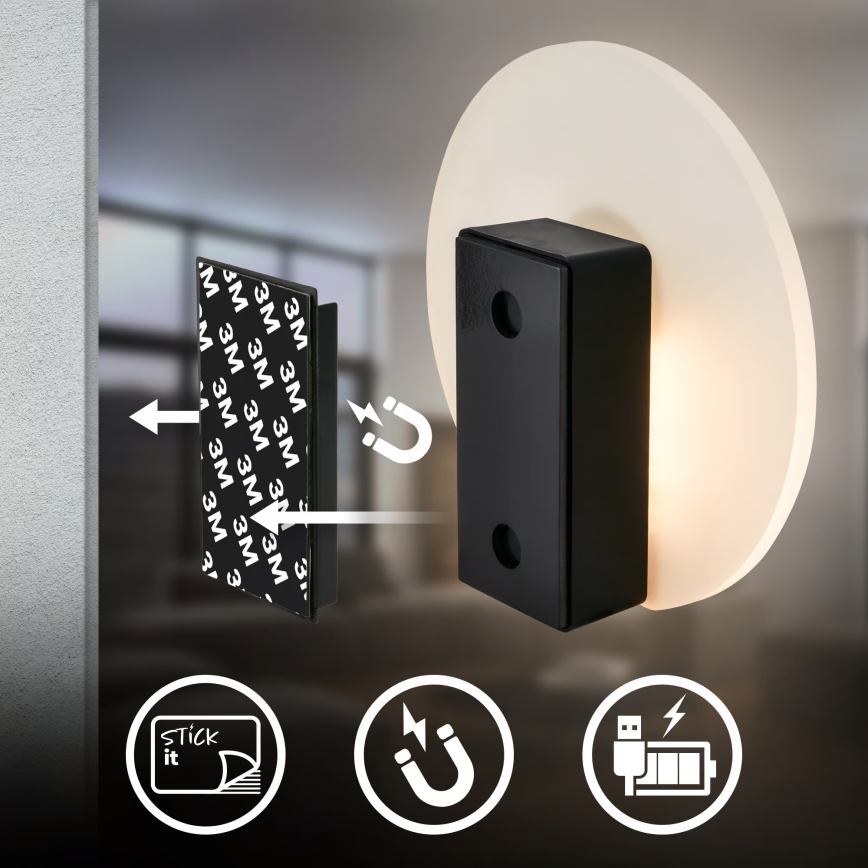 Briloner 3889015 - Tölthető LED fali lámpa mozgás- és alkonyérzékelővel TARO LED / 2,5 W / 5 V, 1800 mAh fekete