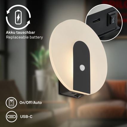 Briloner 3889015 - Tölthető LED fali lámpa mozgás- és alkonyérzékelővel TARO LED / 2,5 W / 5 V, 1800 mAh fekete