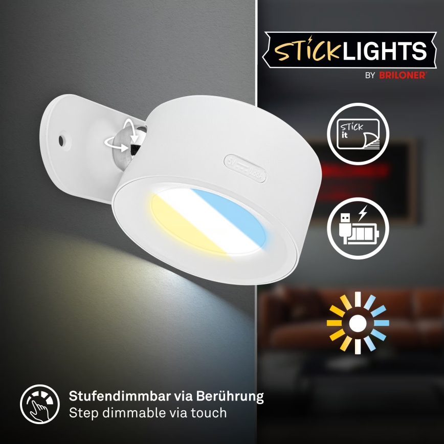 Briloner 3896016 - LED fényerőszabályozható tölthető fali lámpa TARI LED/1,6W/5V 1500 mAh fehér