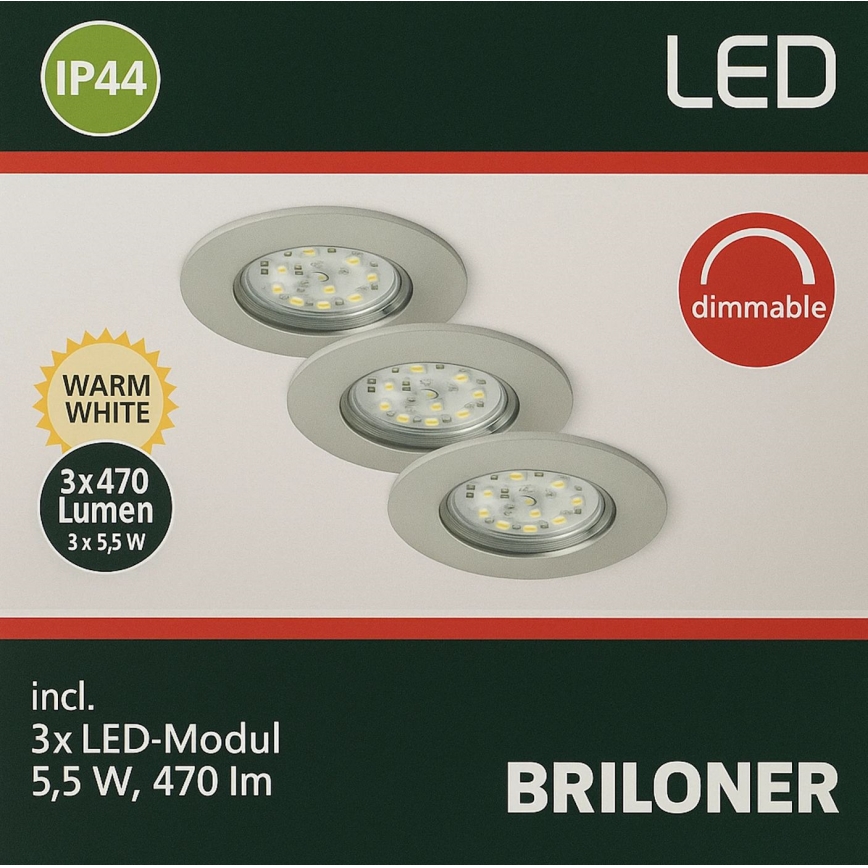 Briloner - 3 darabos készlet dimmelhető fürdőszobai beépíthető LED lámpa LED/5,5W/230V IP44