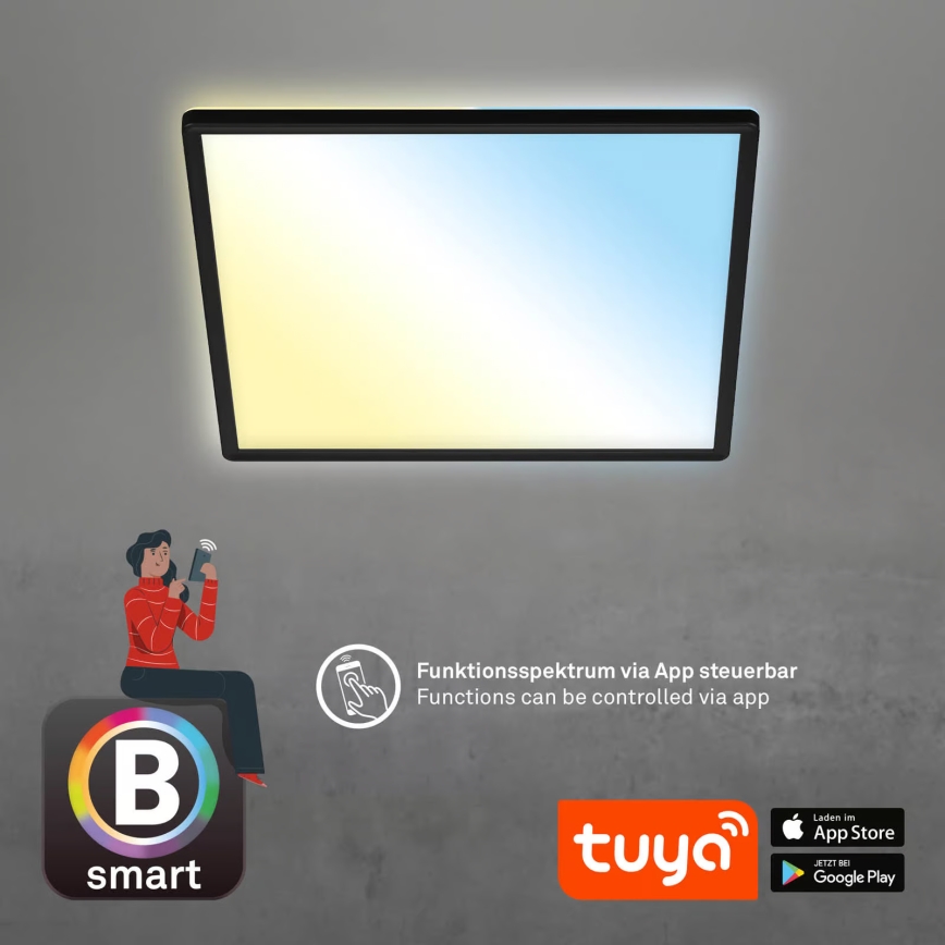 Briloner 7060-015 - Dimmelhető, felületre szerelhető SLIM LED panel, 22 W, 230 V, 2700-6500 K, 42×42 cm, fekete, Tuya Wi-Fi + távirányító