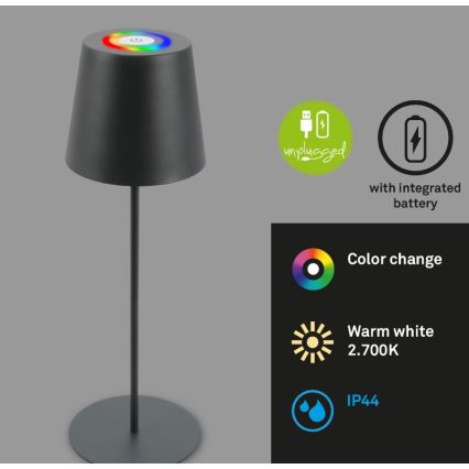 Briloner 7507015 - RGB LED dimmelhető újratölthető kültéri asztali lámpa 2 az 1-ben LED/2,5W/5V IP44 1200 mAh antracit