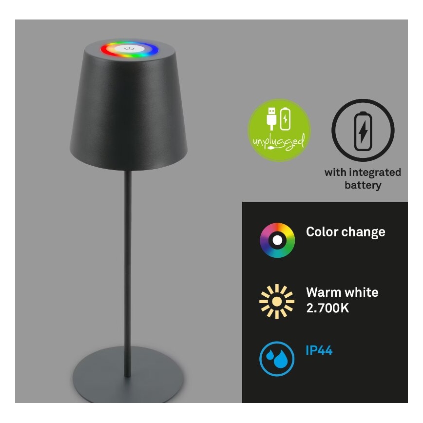 Briloner 7507015 - RGB LED dimmelhető újratölthető kültéri asztali lámpa 2 az 1-ben LED/2,5W/5V IP44 1200 mAh antracit