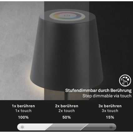 Briloner 7507015 - RGB LED dimmelhető újratölthető kültéri asztali lámpa 2 az 1-ben LED/2,5W/5V IP44 1200 mAh antracit