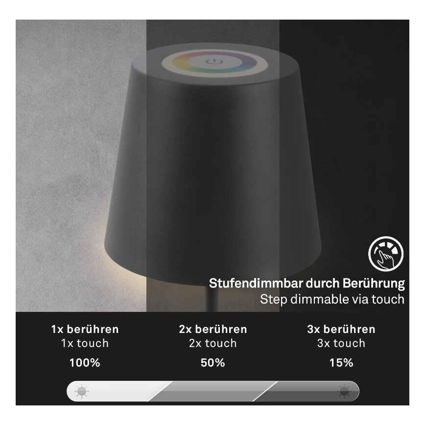 Briloner 7507015 - RGB LED dimmelhető újratölthető kültéri asztali lámpa 2 az 1-ben LED/2,5W/5V IP44 1200 mAh antracit