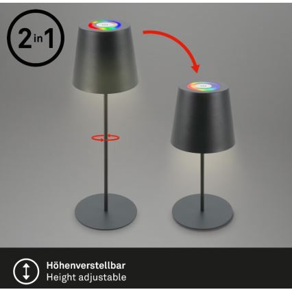 Briloner 7507015 - RGB LED dimmelhető újratölthető kültéri asztali lámpa 2 az 1-ben LED/2,5W/5V IP44 1200 mAh antracit