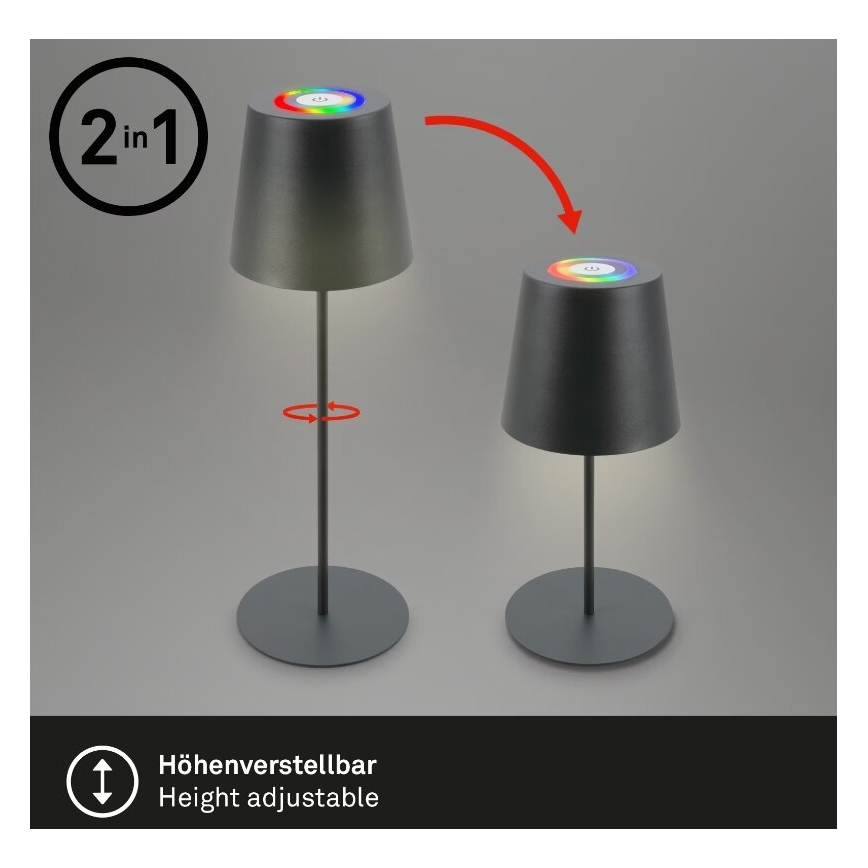 Briloner 7507015 - RGB LED dimmelhető újratölthető kültéri asztali lámpa 2 az 1-ben LED/2,5W/5V IP44 1200 mAh antracit