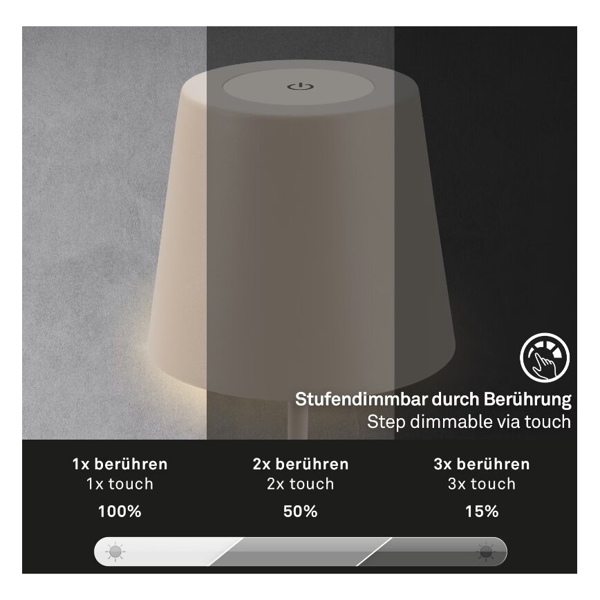 Briloner 7508011 - LED dimmelhető újratölthető kültéri asztali lámpa 2 az 1-ben LED/2,5W/5V IP44 1200 mAh bézs
