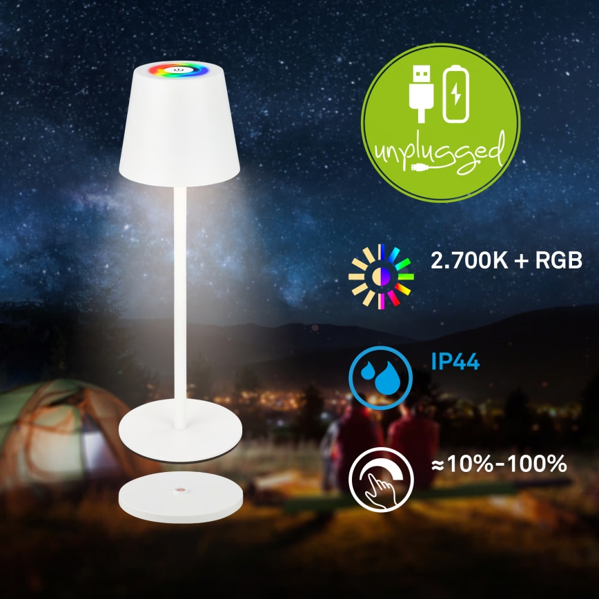 Briloner 7517016 - LED RGBW, fényerőszabályozható, újratölthető kültéri asztali lámpa CILANO LED/3W/5V IP44 2000 mAh fehér