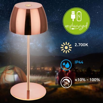 Briloner - LED Dimmelhető, újratölthető, érintésvezérlésű kültéri asztali lámpa MINI LED/2,5W/5V IP44 1800 mAh rézszínű