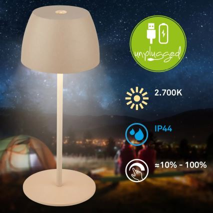 Briloner - LED, fényerőszabályozható, újratölthető, érintésvezérelt kültéri asztali lámpa MINI LED/2,5W/5V IP44 1800 mAh bézs