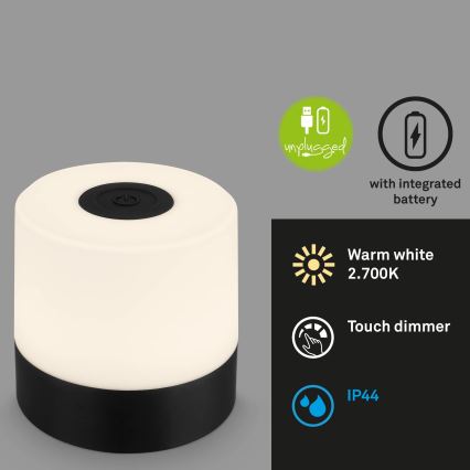 Briloner - LED, fényerőszabályozható, újratölthető, érintésvezérelt kültéri asztali lámpa LED/2W/5V 2700K IP44 1200 mAh fekete