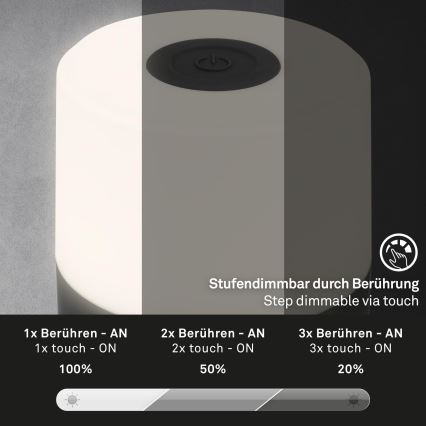 Briloner - LED, fényerőszabályozható, újratölthető, érintésvezérelt kültéri asztali lámpa LED/2W/5V 2700K IP44 1200 mAh fekete