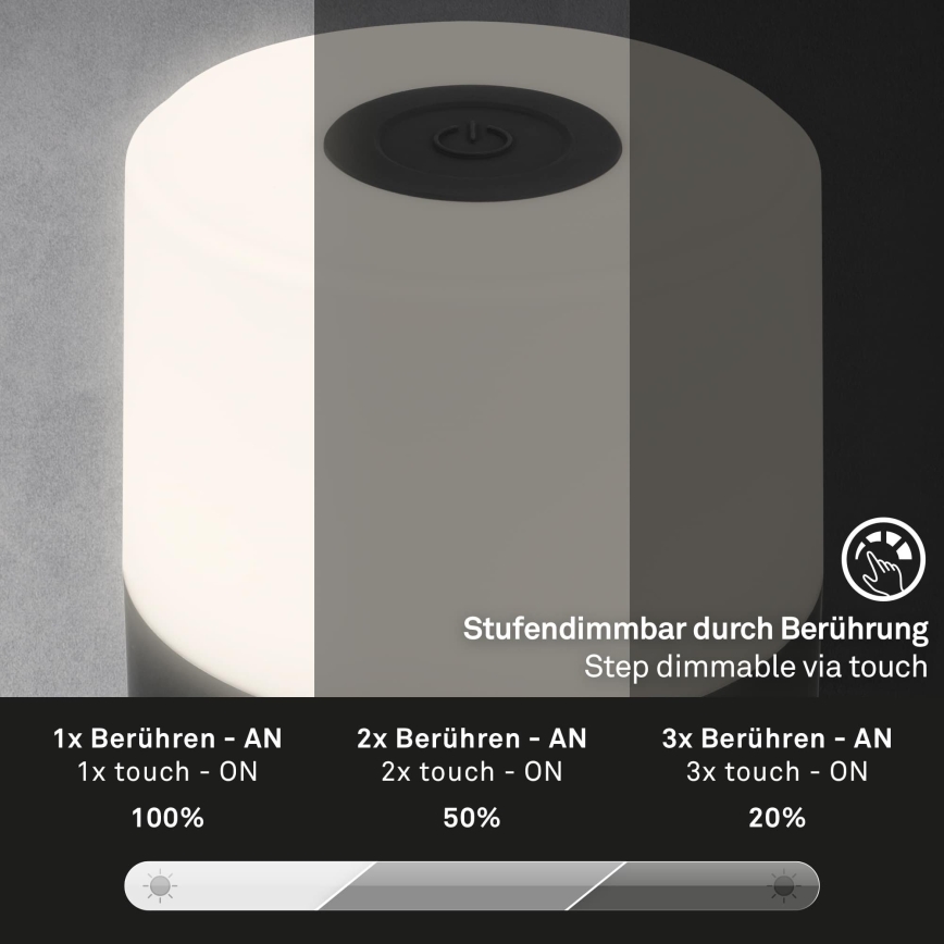 Briloner - LED, fényerőszabályozható, újratölthető, érintésvezérelt kültéri asztali lámpa LED/2W/5V 2700K IP44 1200 mAh fekete