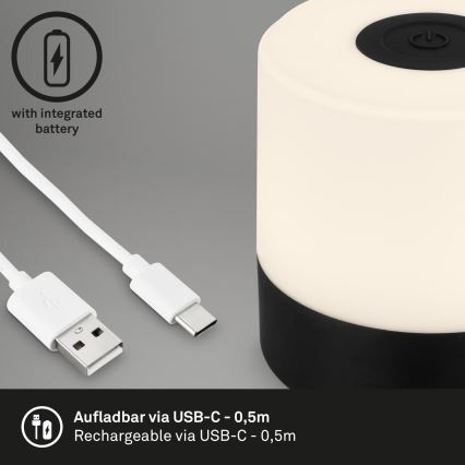 Briloner - LED, fényerőszabályozható, újratölthető, érintésvezérelt kültéri asztali lámpa LED/2W/5V 2700K IP44 1200 mAh fekete