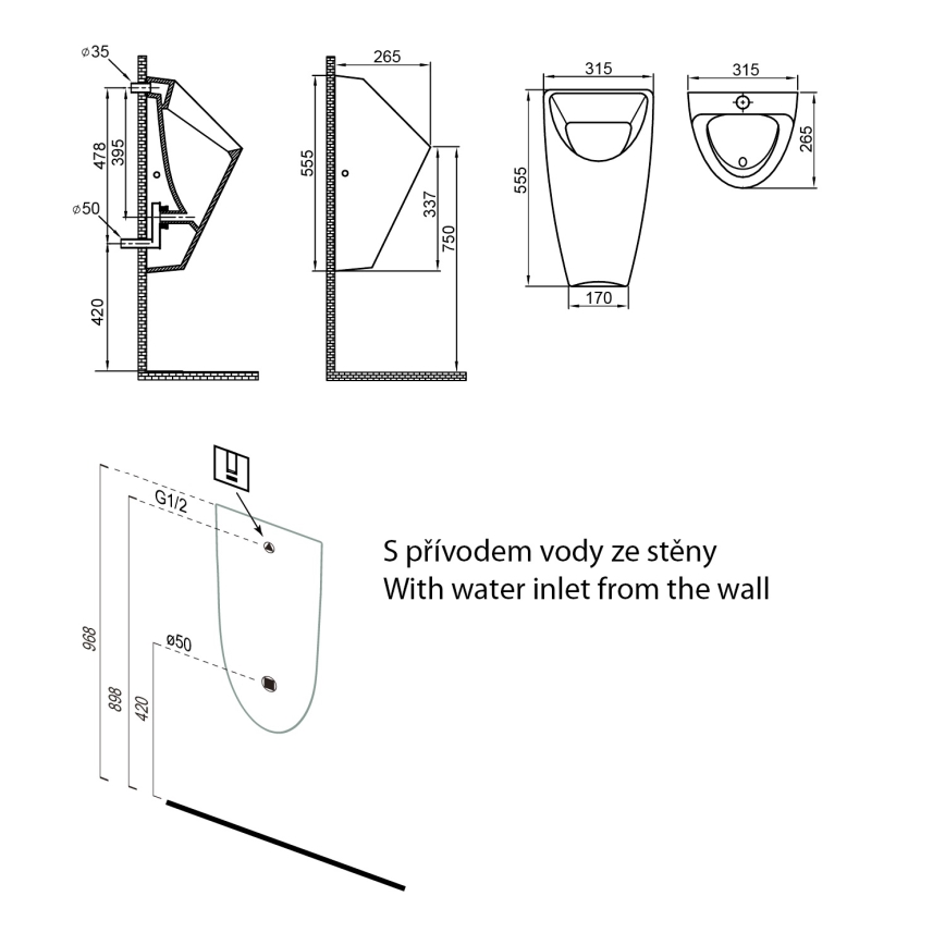 Bruckner - Piszoár SCHWARN hátsó bemenet, hátsó szifon kerámia/fehér