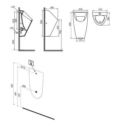Bruckner - Piszoár SCHWARN hátsó bekötés, hátsó lefolyó + beépített öblítőszelep 6V DC fekete