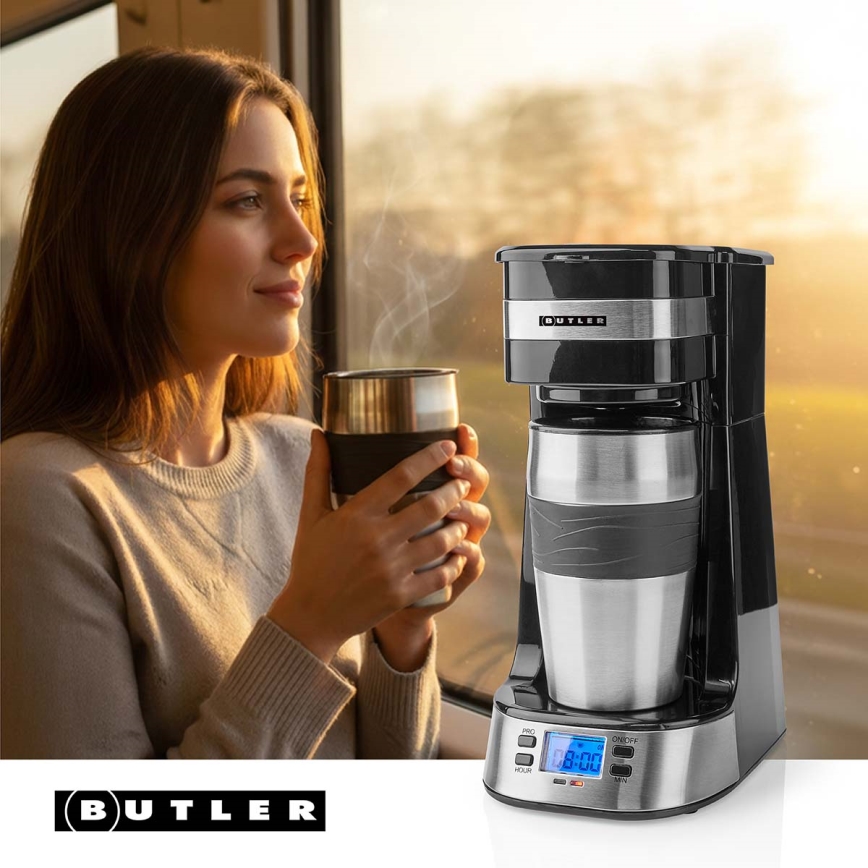 Butler - Egy csészés kávéfőző 0,4 l időzítővel és utazóbögrével 750W/230V rozsdamentes acél/fekete