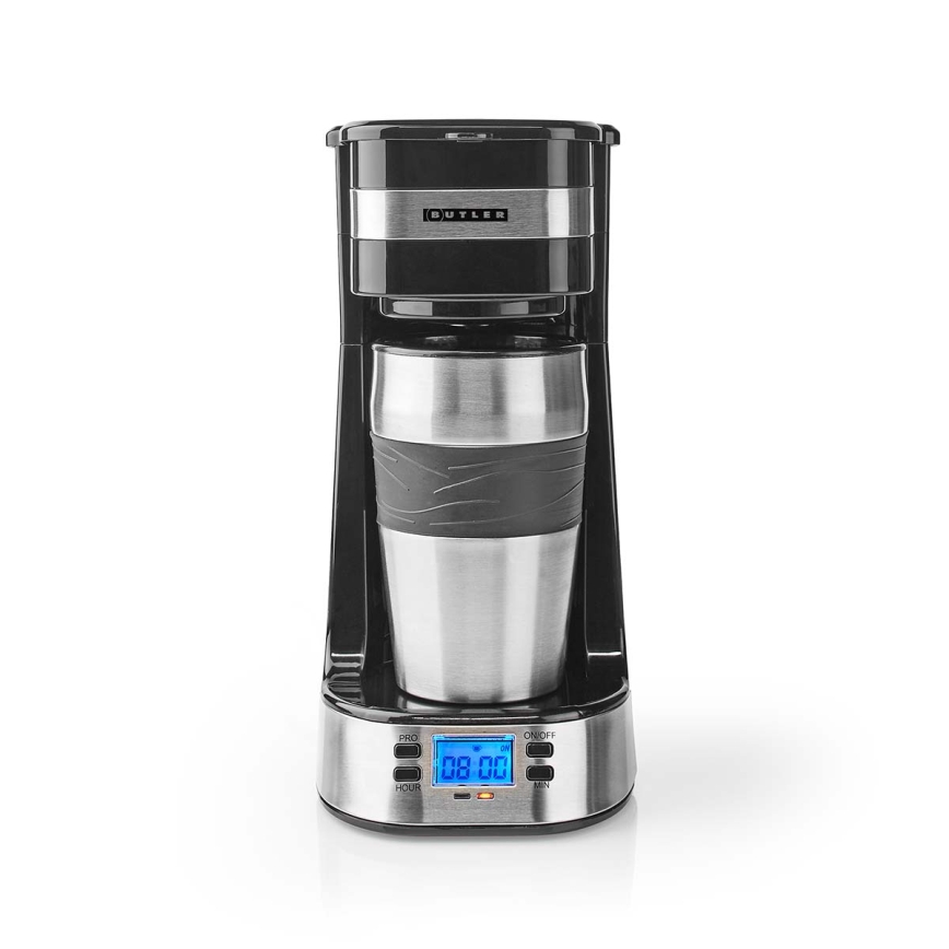 Butler - Egy csészés kávéfőző 0,4 l időzítővel és utazóbögrével 750W/230V rozsdamentes acél/fekete