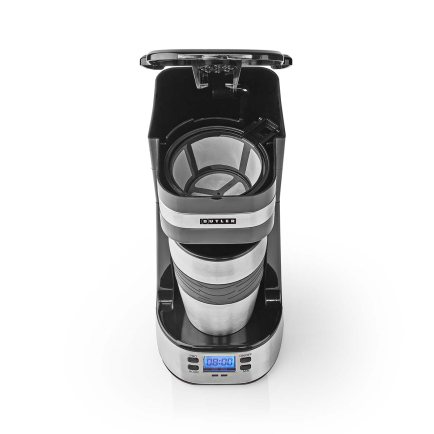 Butler - Egy csészés kávéfőző 0,4 l időzítővel és utazóbögrével 750W/230V rozsdamentes acél/fekete