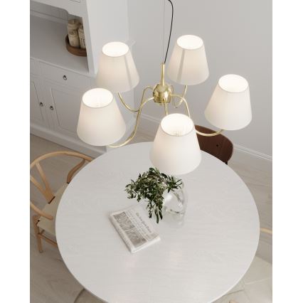ByRydens - Kábelre függesztett LYNF csillár, 5x E14/8W/230V, sárgaréz/fehér