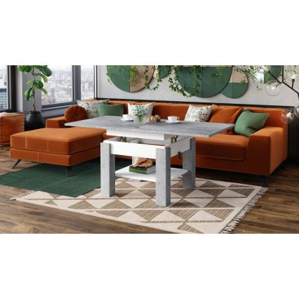 CALEB bővíthető dohányzó- és étkezőasztal emelhető asztallappal, beton szürke/fehér