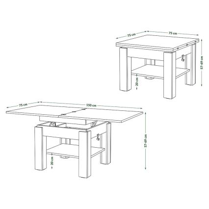 CALEB fehér, kihúzható dohányzó- és étkezőasztal emelhető asztallappal